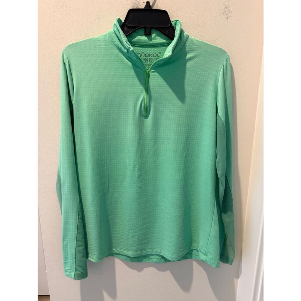 IBKUL Women's Long-Sleeve Quarter -Zip Jersey in Mint Green with mesh detail L